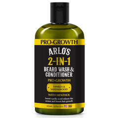Arlo's Pro-Growth beard wash bottle with vanilla sandalwood and menthol for a refreshing cleanse.