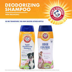 Arm & Hammer baking soda formula shampoo bottle close-up highlighting deodorizing action