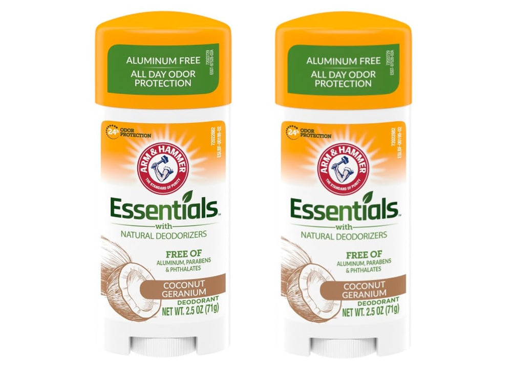 Arm and Hammer Essentials Coconut Geranium deodorant bottle for everyday freshness.