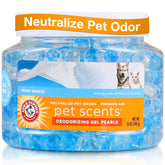 Arm & Hammer for Pets gel beads in a jar for long-lasting odor control.