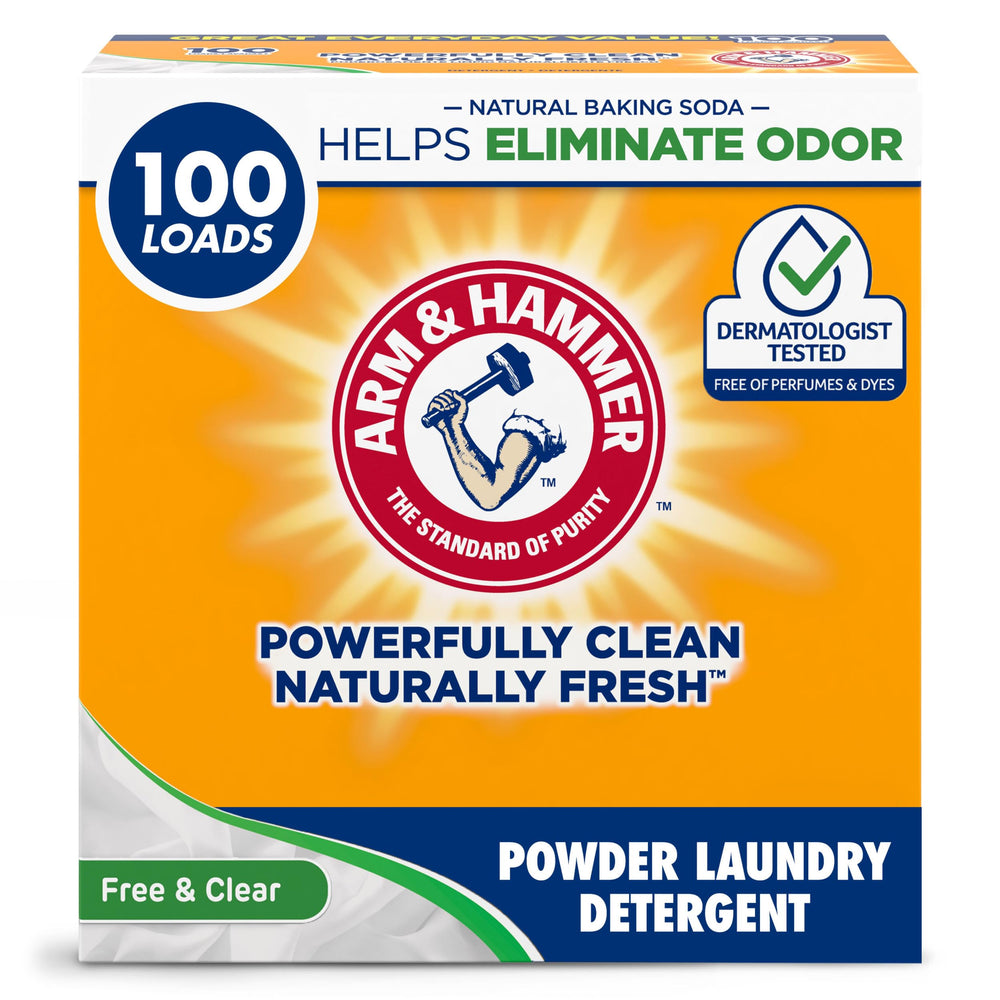 Arm & Hammer powder laundry detergent bottle front view, perfume- and dye-free.