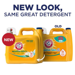 Arm & Hammer Sensitive Skin label closeup shows dye-free formula and dermatologist-tested safety.