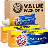 Arm & Hammer Advance White 4-pack tubes, front view, showcasing whitening toothpaste for everyday use.