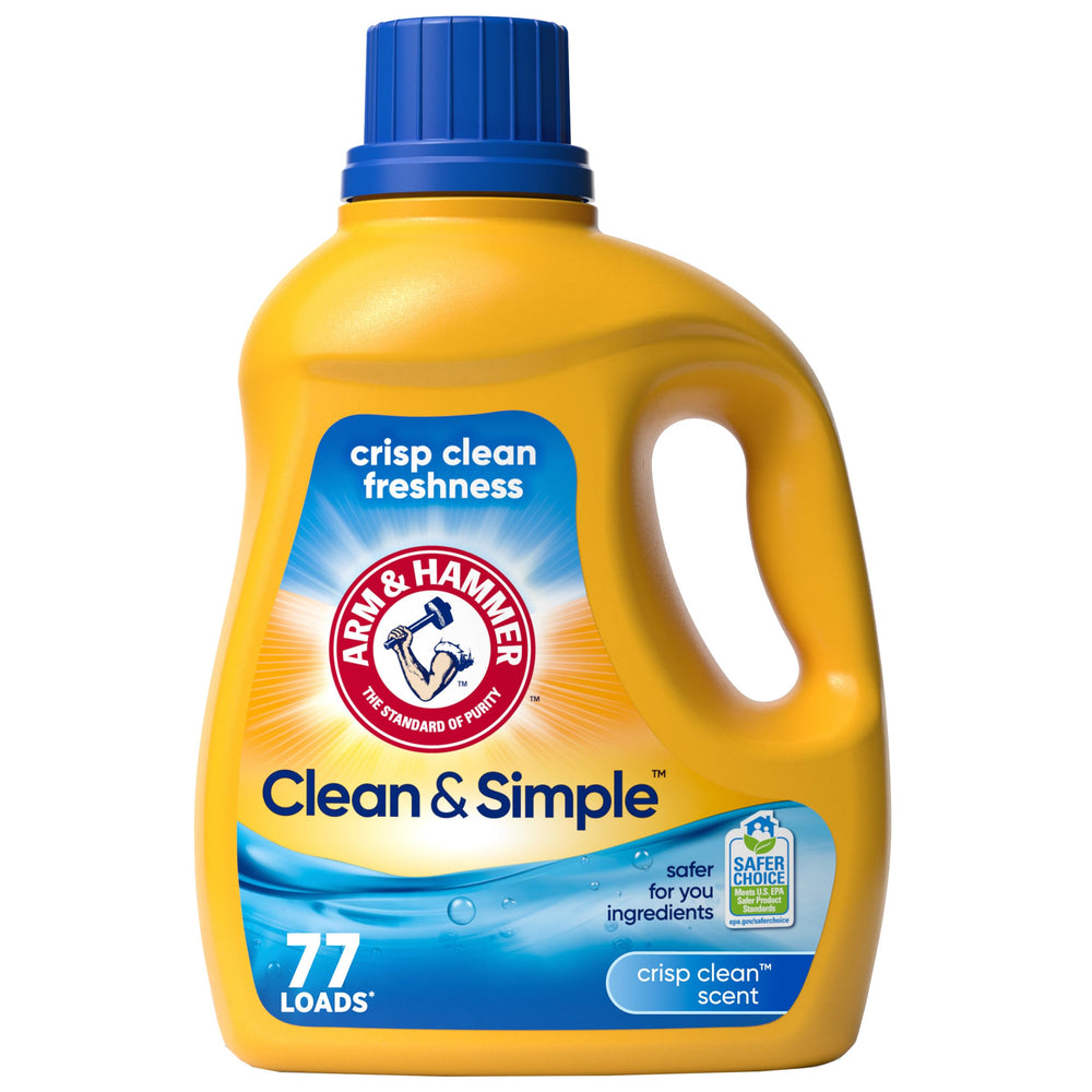ARM & HAMMER Clean & Simple bottle pour shows easy dosing for cold-water laundry.