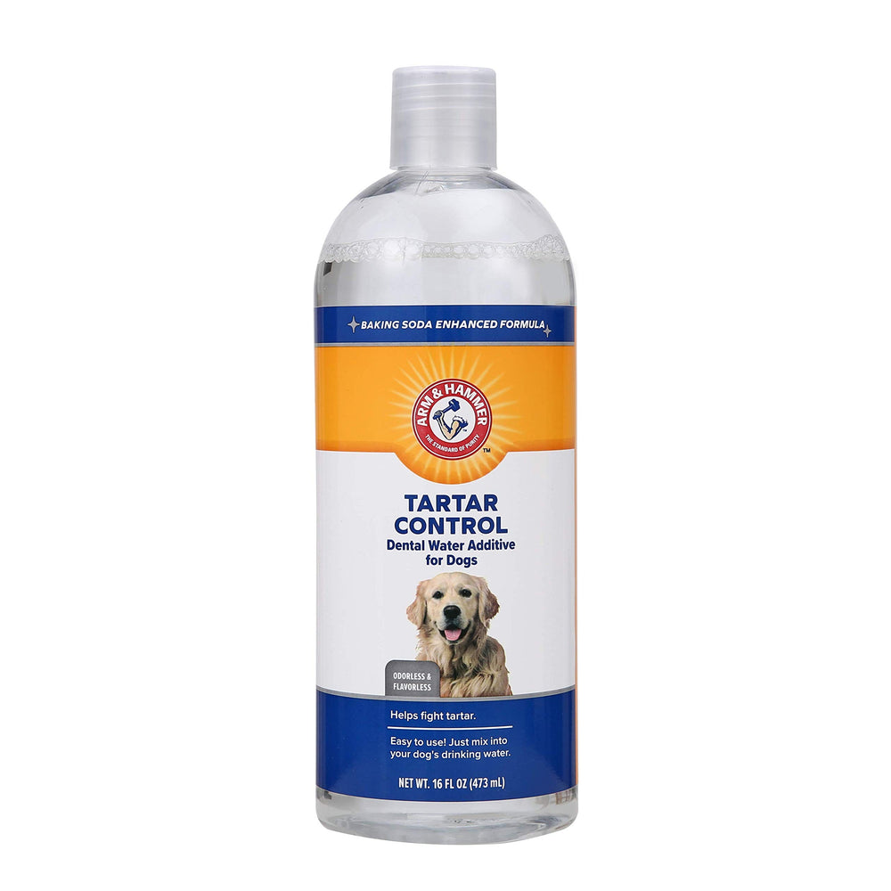 Arm & Hammer Clinical Care Dental Rinse bottle in dog bowl for daily oral support.