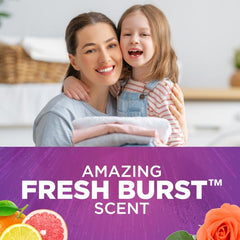 Label closeup highlighting Fresh Burst scent and baking soda formula.