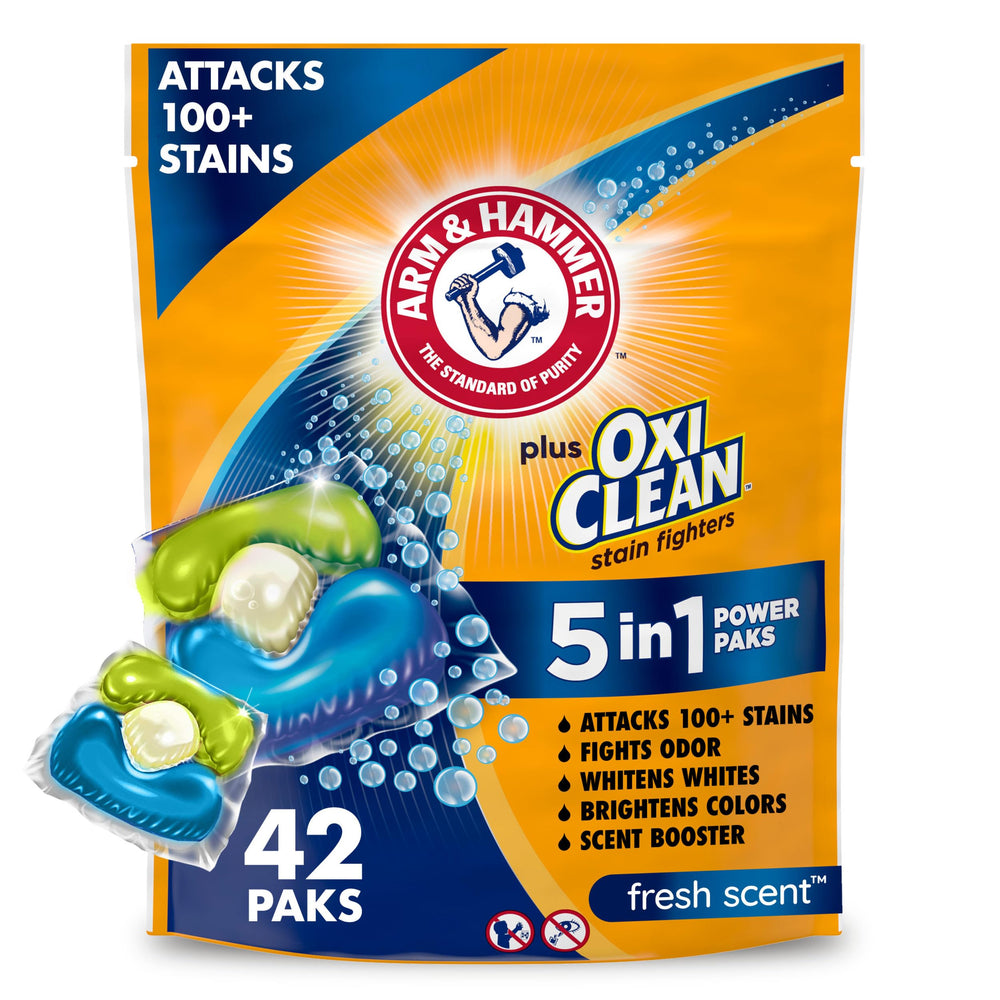 Arm & Hammer Plus OxiClean 5-in-1 pak on packaging highlights convenience and stain fighting.