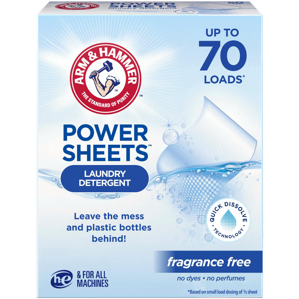 ARM & HAMMER Power Sheets fragrance-free pack front, mess-free laundry solution