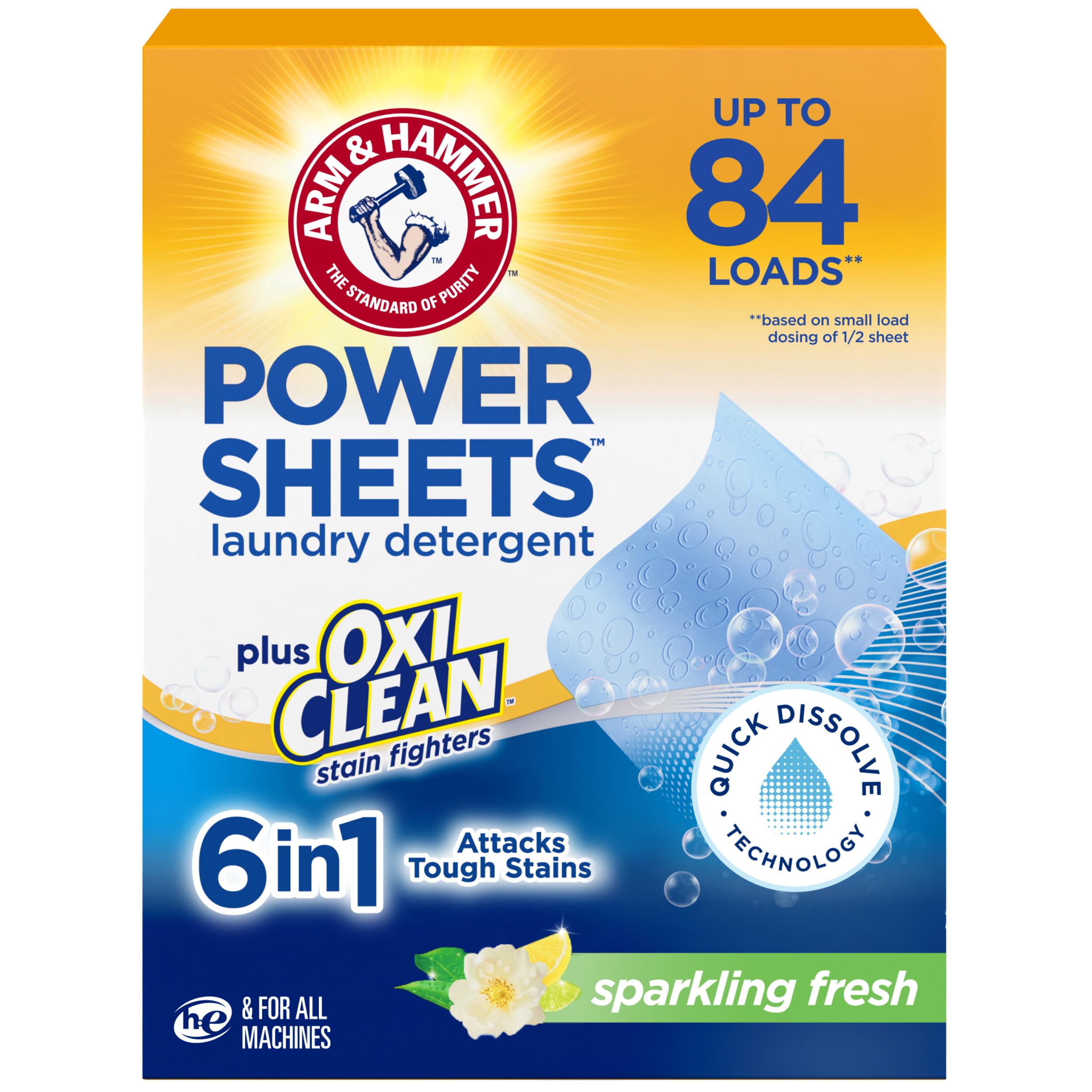 Arm & Hammer Power Sheets package shown, compact and travel-friendly.