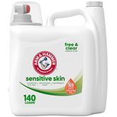 Arm & Hammer Sensitive Skin Free & Clear bottle front; dye-free formula, gentle on skin.