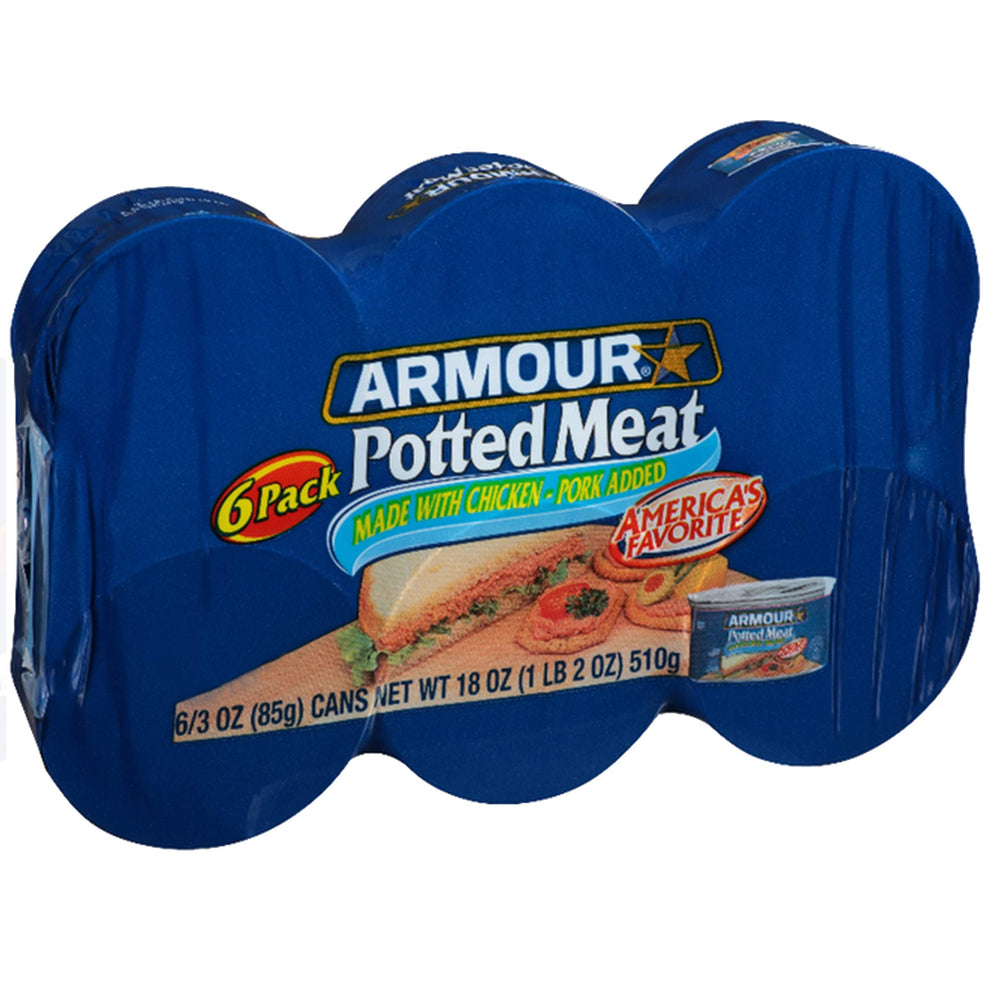 Armour Star Potted Meat can on pantry shelf, ready-to-eat protein.