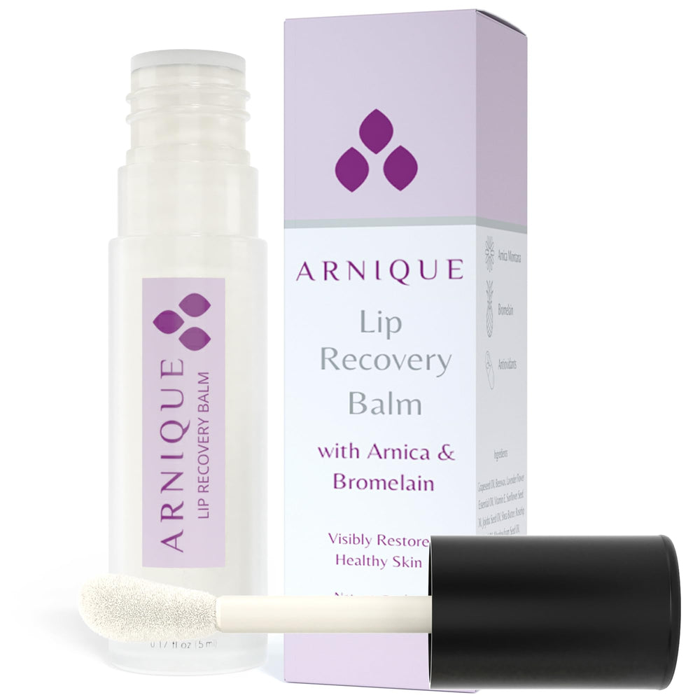 Arnique Arnica Lip Balm tube demonstrates post-treatment lip care in a soothing scene.