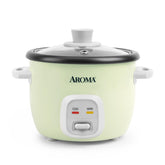AROMA Mini Rice Cooker with lid closed, compact design saves counter space.