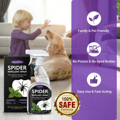 Aromovia pet-safe spider spray label indicating family-friendly use.