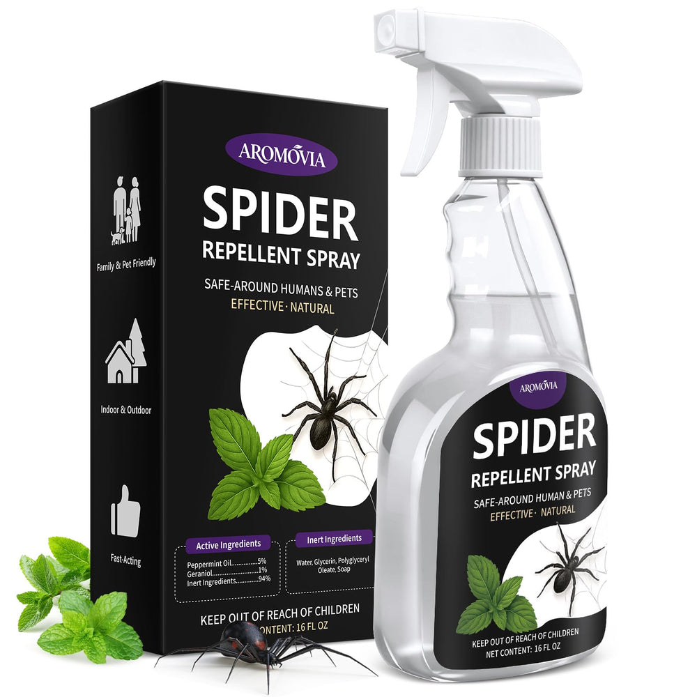 Aromovia spider repellent bottle pour for quick indoor and outdoor protection.