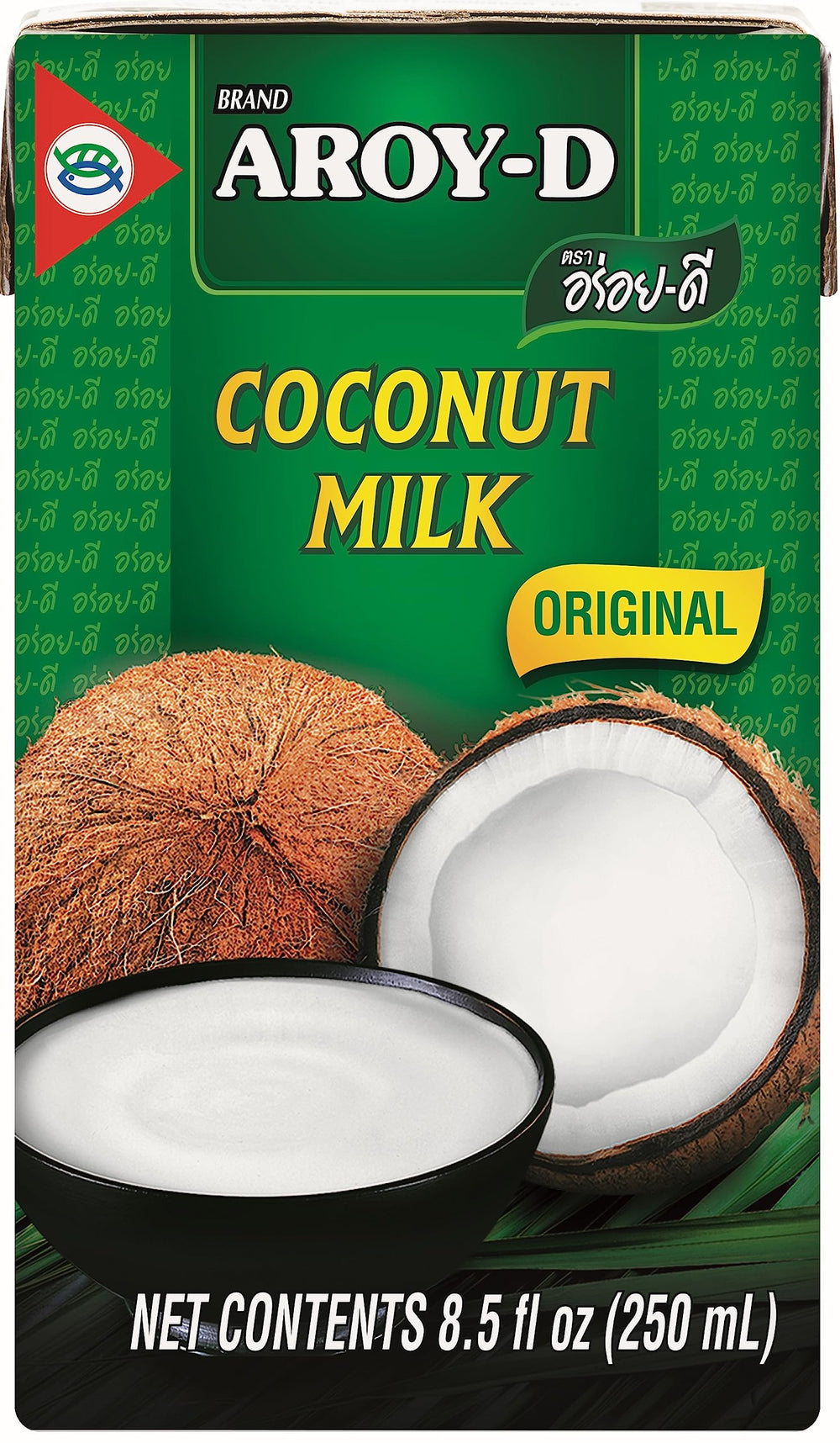 Aroy-D coconut milk can 8.5 oz in a 12-pack, ideal for curries and creamy sauces.