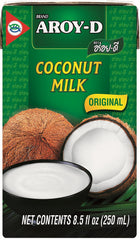 Aroy-D coconut milk can 8.5 oz in a 12-pack, ideal for curries and creamy sauces.
