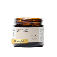 Arrae Bloat bottle-front label shows natural ingredients for digestive relief after meals