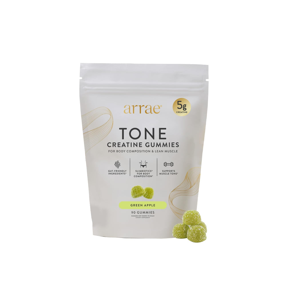 Arrae Tone bottle front label shows 90 gummies for lean muscle support and recovery.