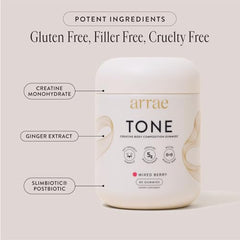 Arrae Tone Gummies close-up bottle showcasing mixed berry flavor and convenience.