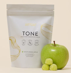 Arrae Tone gummies close-up highlights sour green apple flavor and chewable convenience.