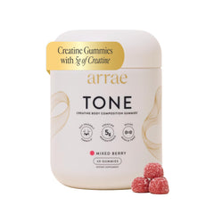 Arrae Tone Gummies packaging front highlighting creatine for women's lean muscle.