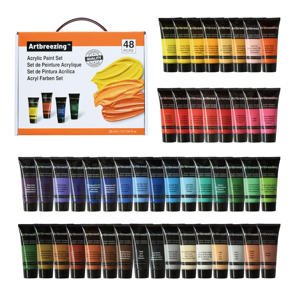 Artbreezing 48-color acrylic paint tubes closeup showing pigment-rich range for vibrant artworks