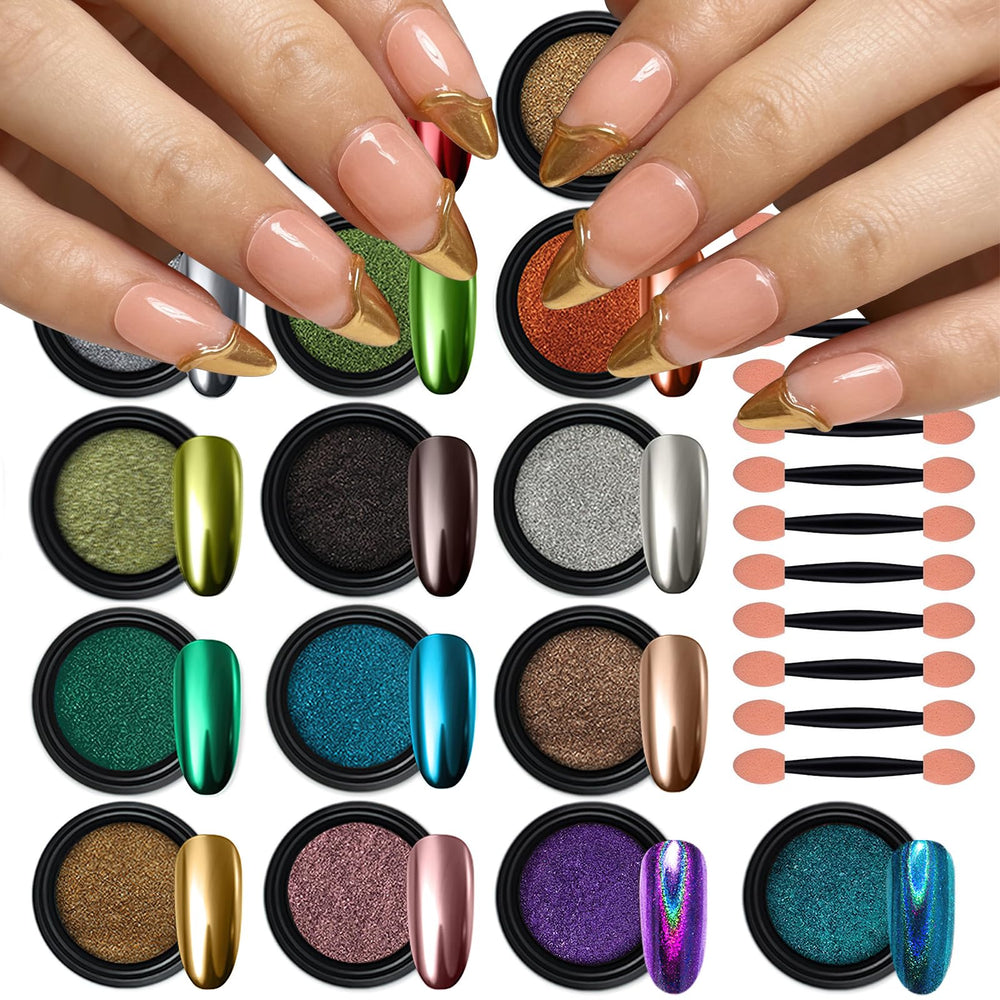 Artdone chrome powder jar close-up showing pearlescent mirror finish for gel nails