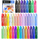 Artecho Tempera Paint Sticks color swatches show 36 colors for vibrant, mess-free artwork.