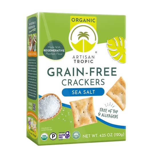 Artisan Tropic Organic Sea Salt Crackers on a serving board, ideal with cheeses and dips.