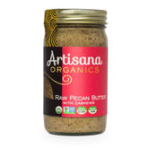 Artisana Pecan Butter jar front shows two-ingredient simplicity for versatile spreads.