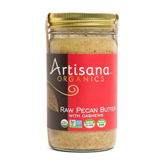 Artisana Pecan Butter spread close-up highlights creamy texture for toast and smoothies.