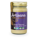 Artisana Tahini jar close-up showcases pure sesame butter for versatile use.