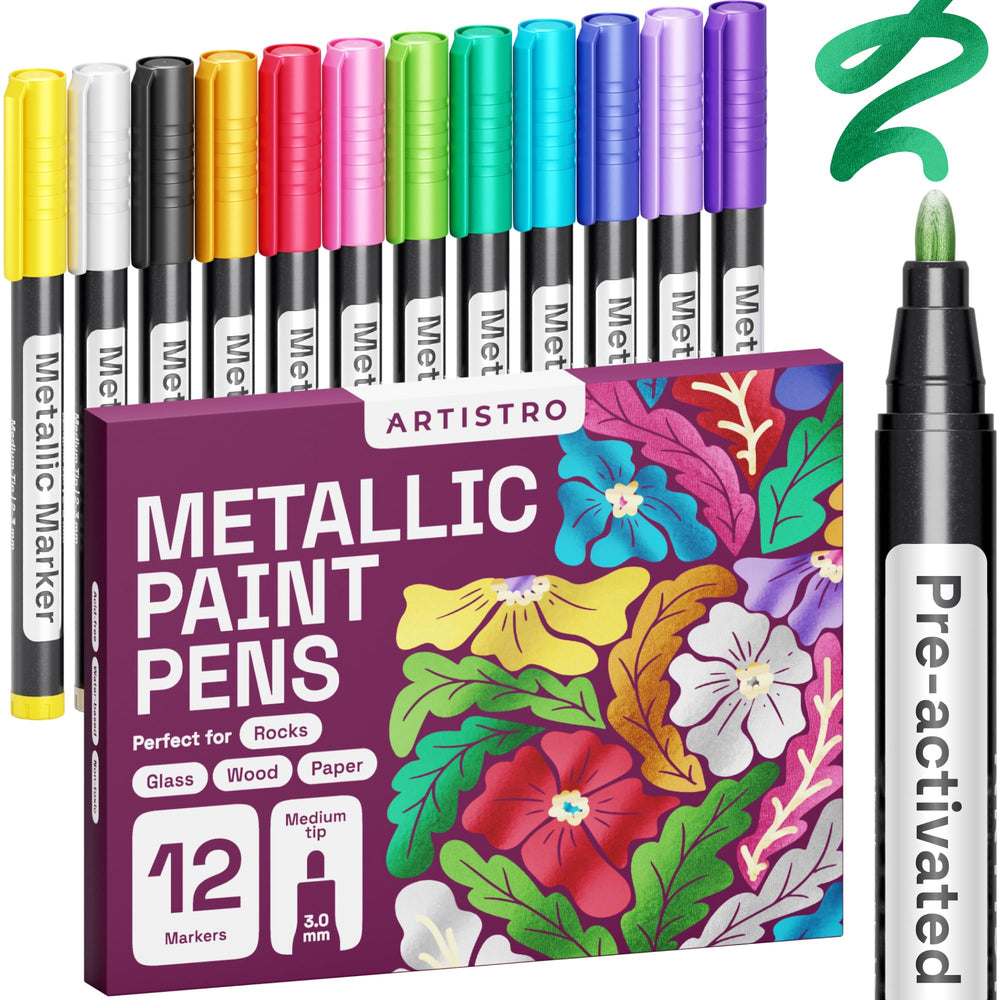 ARTISTRO 12 metallic paint pens for glass marking with quick-drying glossy finish