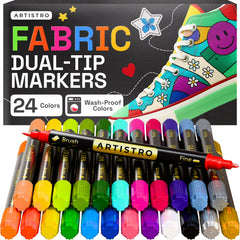 ARTISTRO 24 dual-tip markers brush-tip strokes on fabric for bold details.