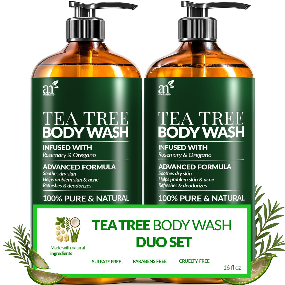 Artnaturals tea tree oil body wash bottle with bold label for clearer skin.