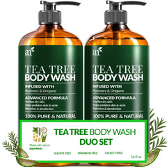 Artnaturals tea tree oil body wash bottle with bold label for clearer skin.