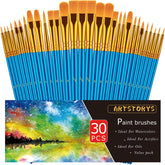 Artstorys 30pc paint brush set with varied sizes for versatile acrylic, watercolor, and oil painting.