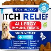 Artullano Dog Allergy Relief Chews label highlights omega-3 skin support