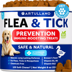 Artullano dog flea chews front pack—natural, mess-free solution for outdoor play.