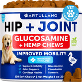 Artullano dog hip joint chews bottle—convenient daily supplement for mobility.