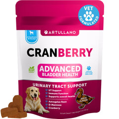 Artullano Dog UT Treats packaging shows cranberry chews for urinary balance.