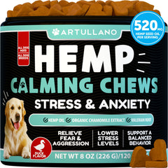 Artullano Hemp Calming Chews for Dogs bottle promotes calm moments.