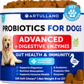 Artullano Probiotics for Dogs with duck flavored soft chews in pack, promoting gut balance.