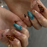 ASABITE 24Pcs almond nails with brown leopard and gold line design for at home glam