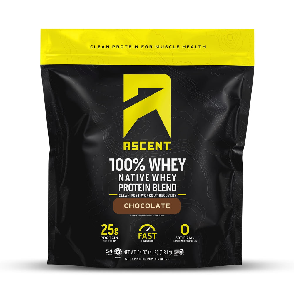 Ascent 100% Whey Protein Powder chocolate tub front for post-workout fueling