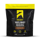 Ascent 100% Whey Protein Powder chocolate tub front for post-workout fueling