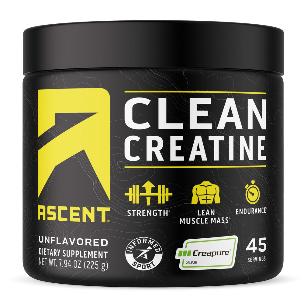 Ascent Clean Creatine Monohydrate tub front shows unflavored formula for workouts.