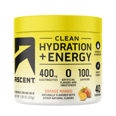 Ascent Clean Hydration Energy bottle label highlights clean electrolytes and caffeine boost