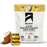 Ascent Clear Whey Pineapple Coconut tub front view for post-workout refreshment.